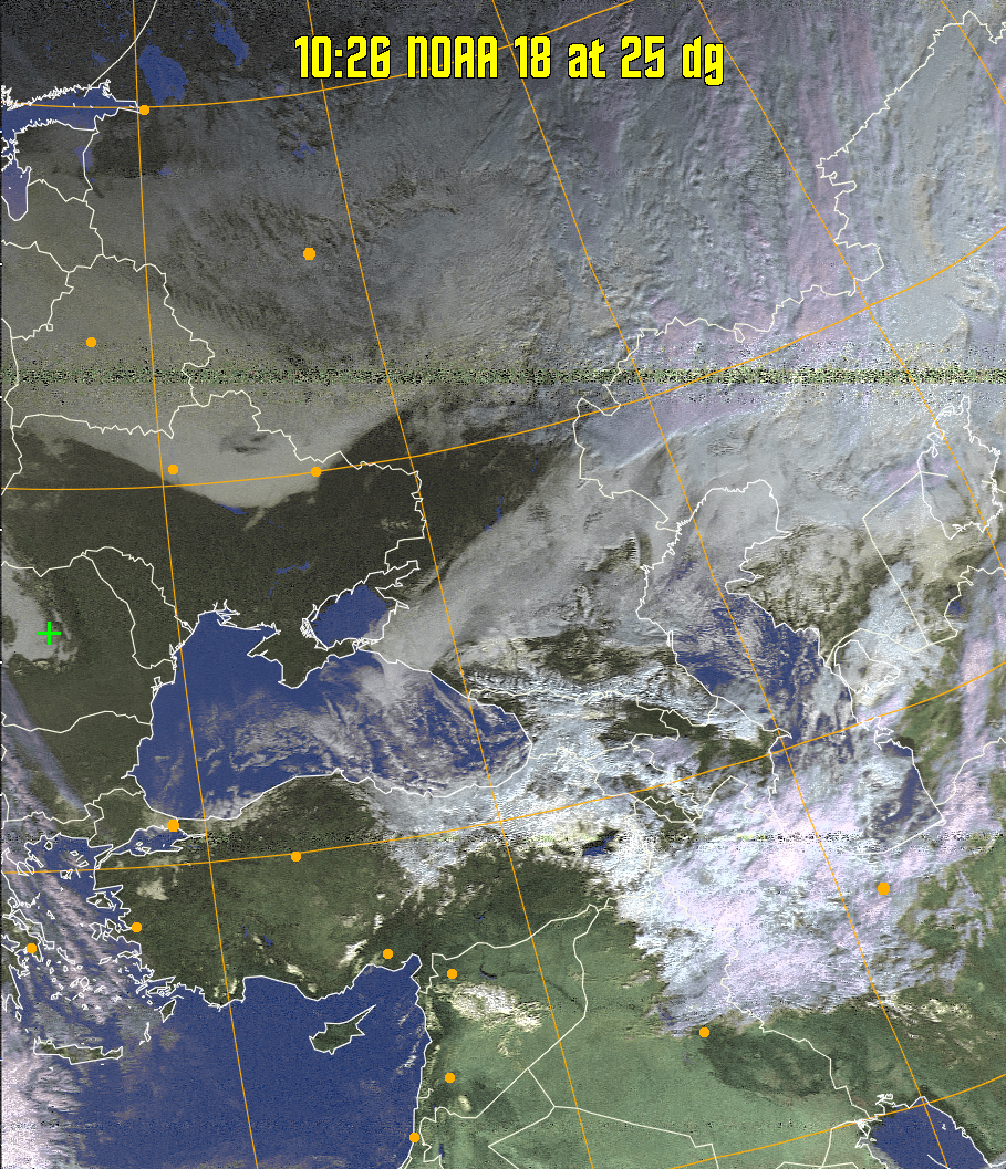 HVCT:
Similar to HVC, but with blue water and with colours more indicative of
land temperatures.
HVC:
Creates a false colour image from NOAA APT images based on temperature using
the HVC colour model. Uses the temperature derived from the sensor 4 image to
select the hue and the brightness from the histogram equalised other image to
select the value and chroma. The HVC colour model attempts to ensure that different colours at the same value will appear to the eye to be the same brightness
and the spacing between colours representing each degree will appear to the eye to
be similar. Bright areas are completely unsaturated in this model.