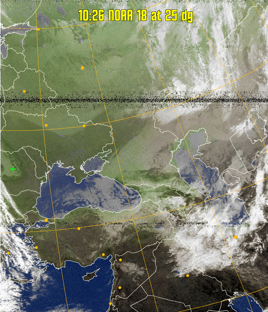 MCIR-precip: 
Colours the NOAA sensor 4 IR image using a map to colour the sea blue and land
green. High clouds appear white, lower clouds gray or land/sea coloured, clouds
generally appear lighter, but distinguishing between land/sea and low cloud may
be difficult. Darker colours indicate warmer regions.