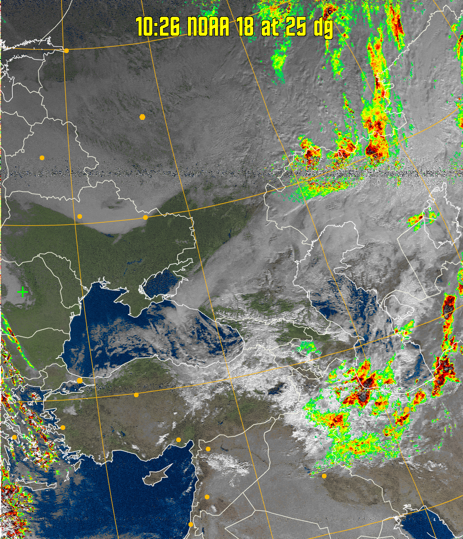 MSA-precip:
Same as MSA multispectral analysis, but high cold cloud tops are coloured the
same as the NO enhancement to give an approximate indication of the probability
and intensity of precipitation.