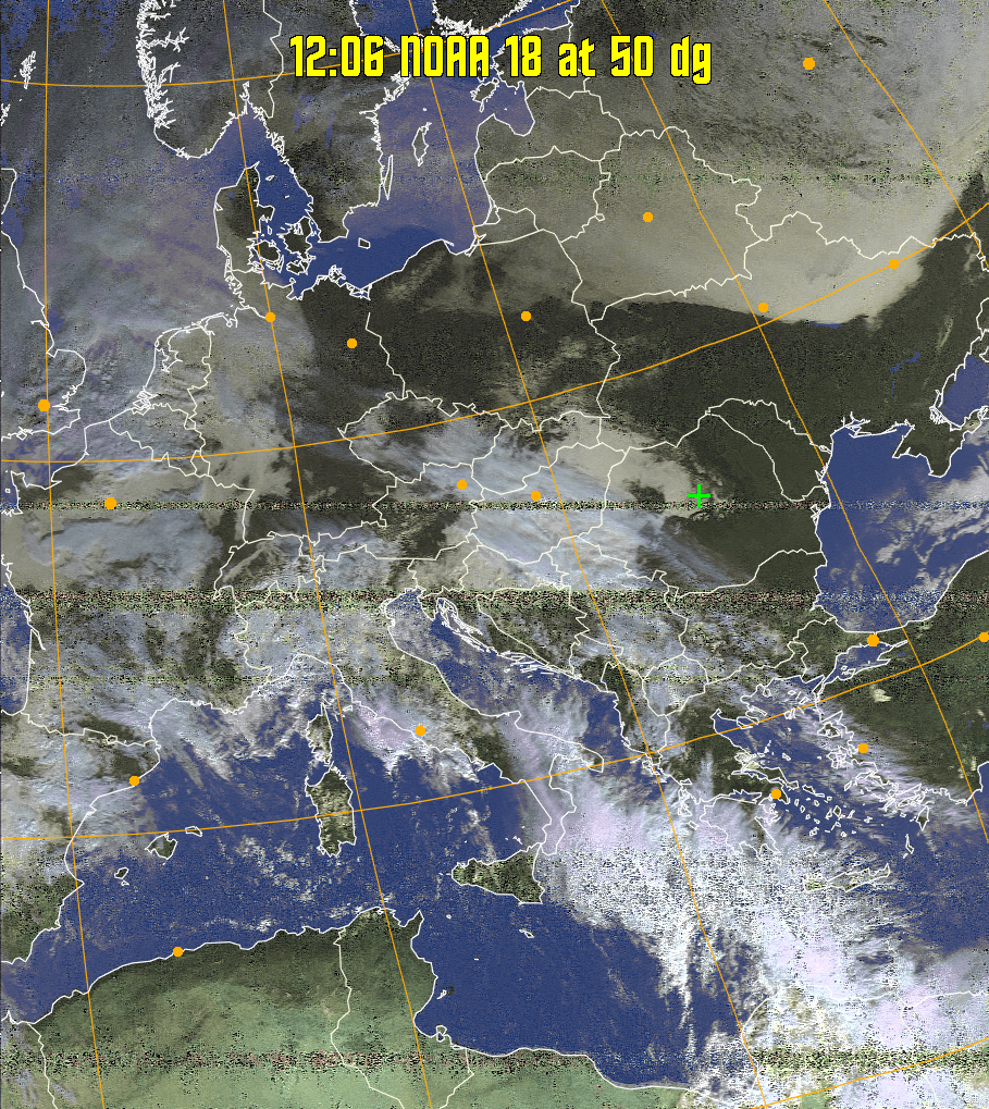 HVCT:
Similar to HVC, but with blue water and with colours more indicative of
land temperatures.
HVC:
Creates a false colour image from NOAA APT images based on temperature using
the HVC colour model. Uses the temperature derived from the sensor 4 image to
select the hue and the brightness from the histogram equalised other image to
select the value and chroma. The HVC colour model attempts to ensure that different colours at the same value will appear to the eye to be the same brightness
and the spacing between colours representing each degree will appear to the eye to
be similar. Bright areas are completely unsaturated in this model.