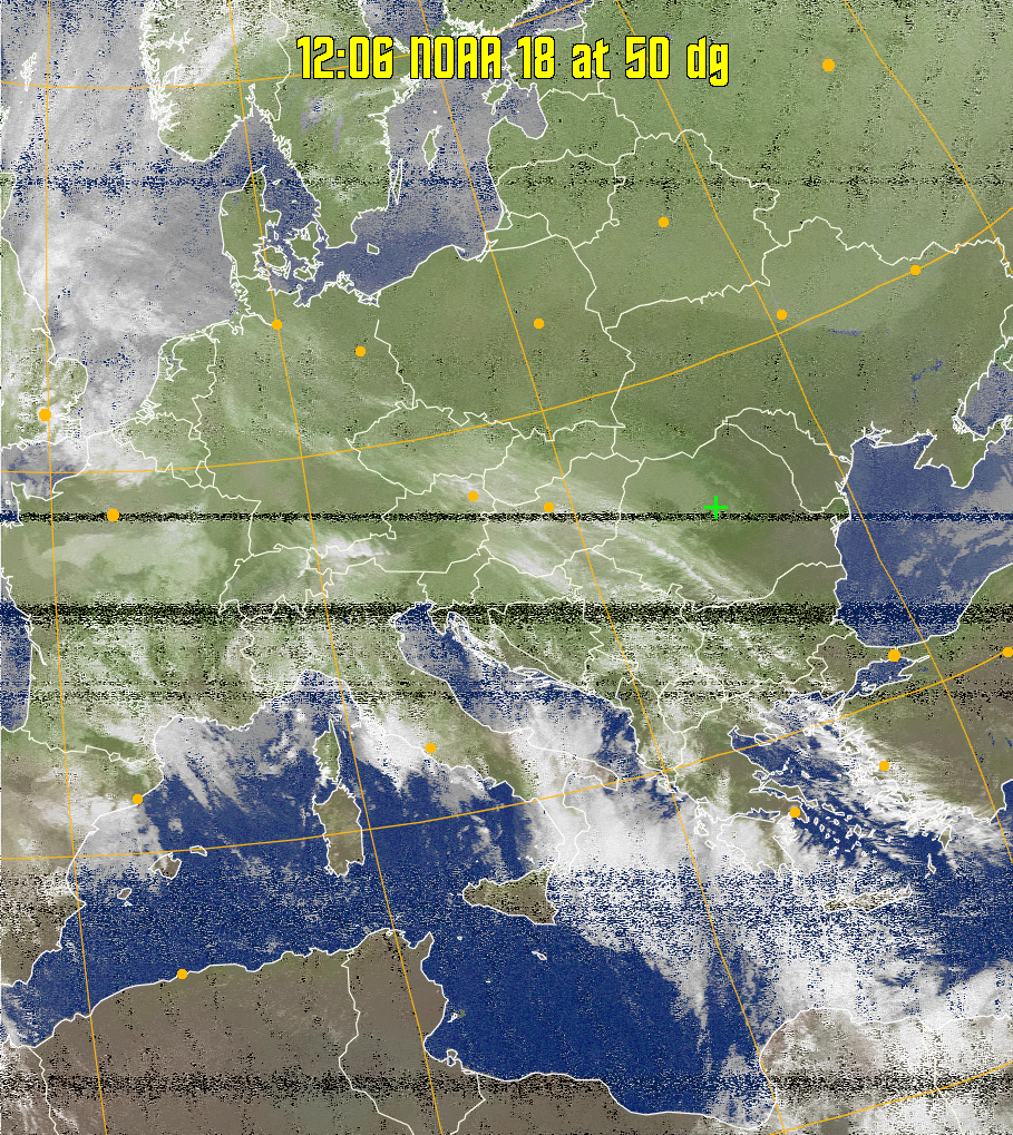 MCIR-precip: 
Colours the NOAA sensor 4 IR image using a map to colour the sea blue and land
green. High clouds appear white, lower clouds gray or land/sea coloured, clouds
generally appear lighter, but distinguishing between land/sea and low cloud may
be difficult. Darker colours indicate warmer regions.