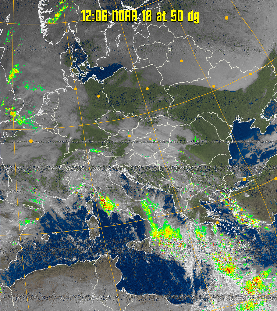 MSA-precip:
Same as MSA multispectral analysis, but high cold cloud tops are coloured the
same as the NO enhancement to give an approximate indication of the probability
and intensity of precipitation.