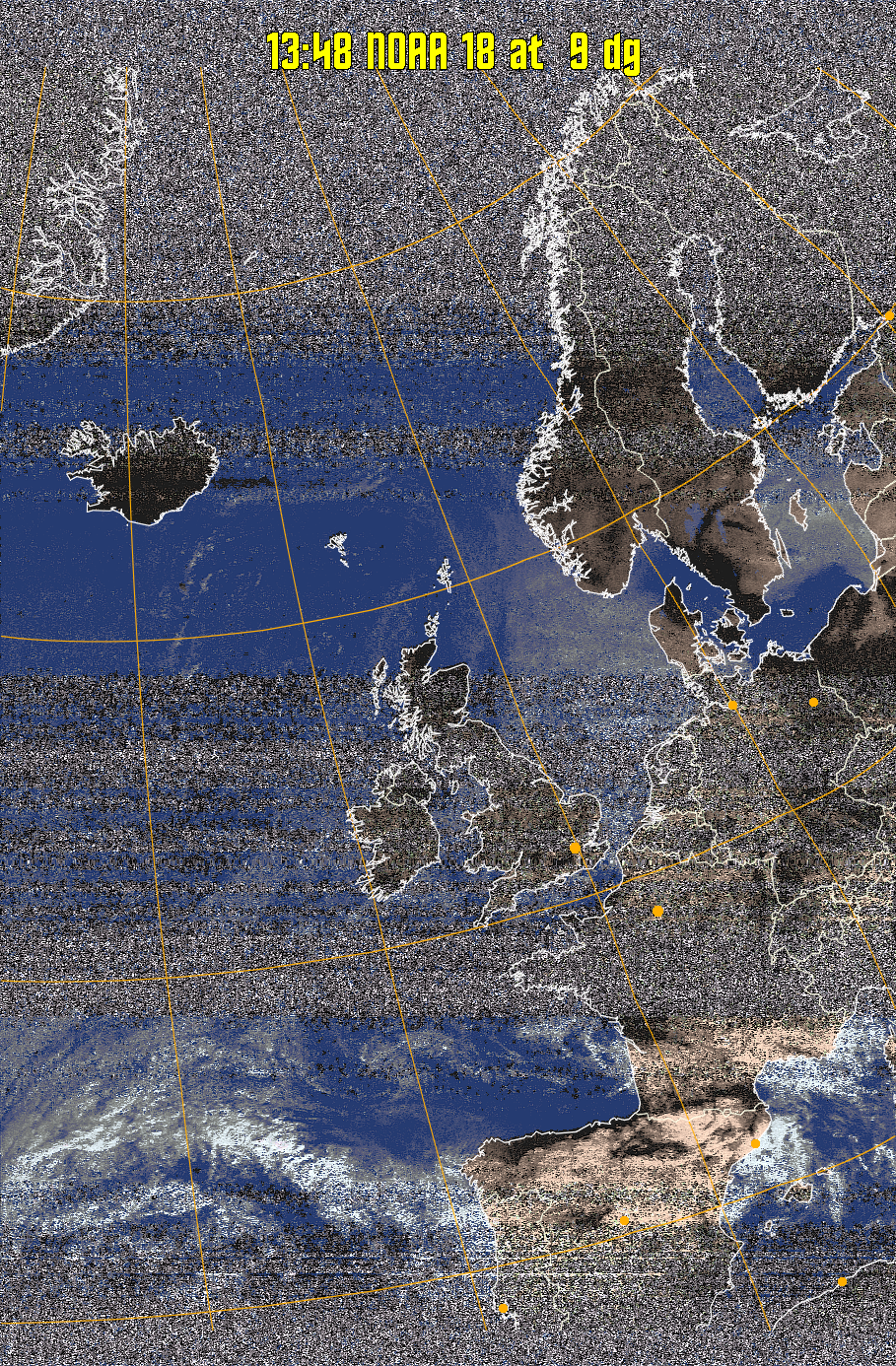 HVCT:
Similar to HVC, but with blue water and with colours more indicative of
land temperatures.
HVC:
Creates a false colour image from NOAA APT images based on temperature using
the HVC colour model. Uses the temperature derived from the sensor 4 image to
select the hue and the brightness from the histogram equalised other image to
select the value and chroma. The HVC colour model attempts to ensure that different colours at the same value will appear to the eye to be the same brightness
and the spacing between colours representing each degree will appear to the eye to
be similar. Bright areas are completely unsaturated in this model.