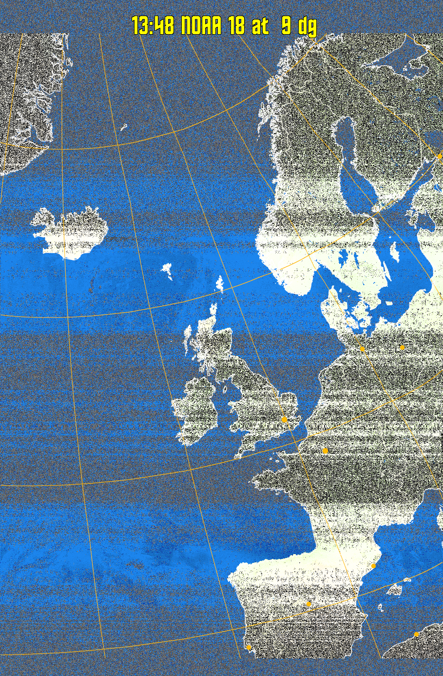 MCIR-precip: 
Colours the NOAA sensor 4 IR image using a map to colour the sea blue and land
green. High clouds appear white, lower clouds gray or land/sea coloured, clouds
generally appear lighter, but distinguishing between land/sea and low cloud may
be difficult. Darker colours indicate warmer regions.