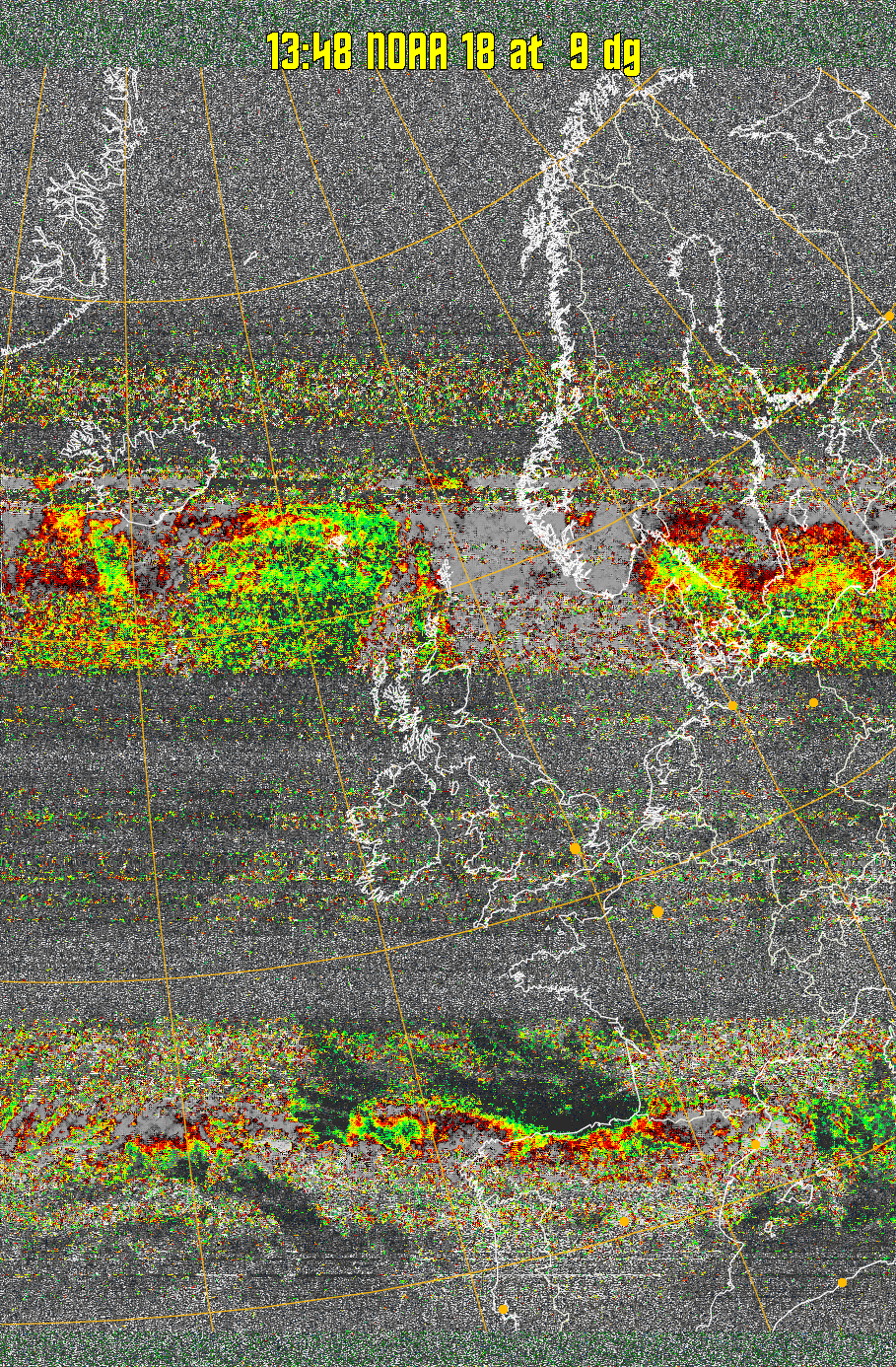 MSA-precip:
Same as MSA multispectral analysis, but high cold cloud tops are coloured the
same as the NO enhancement to give an approximate indication of the probability
and intensity of precipitation.