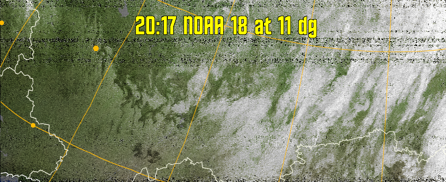 MCIR-precip: 
Colours the NOAA sensor 4 IR image using a map to colour the sea blue and land
green. High clouds appear white, lower clouds gray or land/sea coloured, clouds
generally appear lighter, but distinguishing between land/sea and low cloud may
be difficult. Darker colours indicate warmer regions.