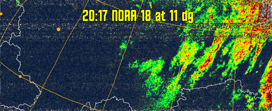 MSA-precip:
Same as MSA multispectral analysis, but high cold cloud tops are coloured the
same as the NO enhancement to give an approximate indication of the probability
and intensity of precipitation.