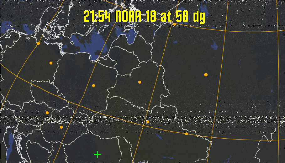 HVCT:
Similar to HVC, but with blue water and with colours more indicative of
land temperatures.
HVC:
Creates a false colour image from NOAA APT images based on temperature using
the HVC colour model. Uses the temperature derived from the sensor 4 image to
select the hue and the brightness from the histogram equalised other image to
select the value and chroma. The HVC colour model attempts to ensure that different colours at the same value will appear to the eye to be the same brightness
and the spacing between colours representing each degree will appear to the eye to
be similar. Bright areas are completely unsaturated in this model.