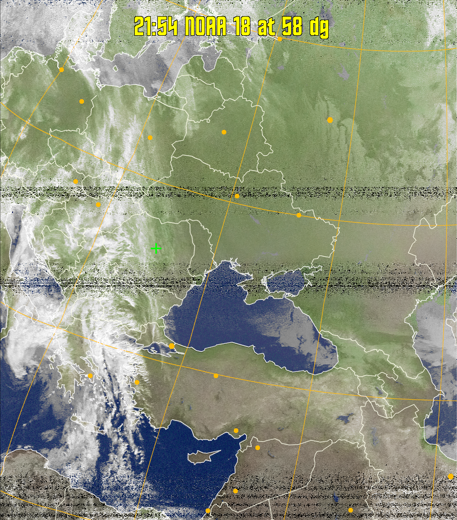 MCIR-precip: 
Colours the NOAA sensor 4 IR image using a map to colour the sea blue and land
green. High clouds appear white, lower clouds gray or land/sea coloured, clouds
generally appear lighter, but distinguishing between land/sea and low cloud may
be difficult. Darker colours indicate warmer regions.