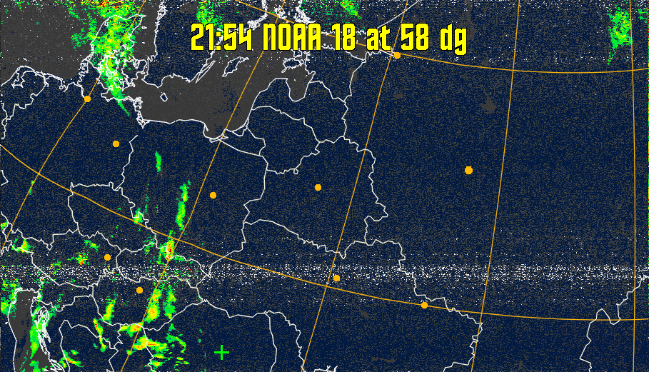 MSA-precip:
Same as MSA multispectral analysis, but high cold cloud tops are coloured the
same as the NO enhancement to give an approximate indication of the probability
and intensity of precipitation.