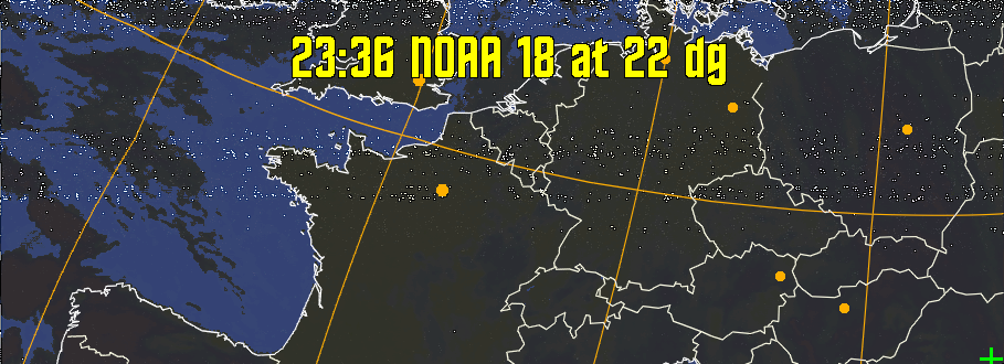 HVCT:
Similar to HVC, but with blue water and with colours more indicative of
land temperatures.
HVC:
Creates a false colour image from NOAA APT images based on temperature using
the HVC colour model. Uses the temperature derived from the sensor 4 image to
select the hue and the brightness from the histogram equalised other image to
select the value and chroma. The HVC colour model attempts to ensure that different colours at the same value will appear to the eye to be the same brightness
and the spacing between colours representing each degree will appear to the eye to
be similar. Bright areas are completely unsaturated in this model.