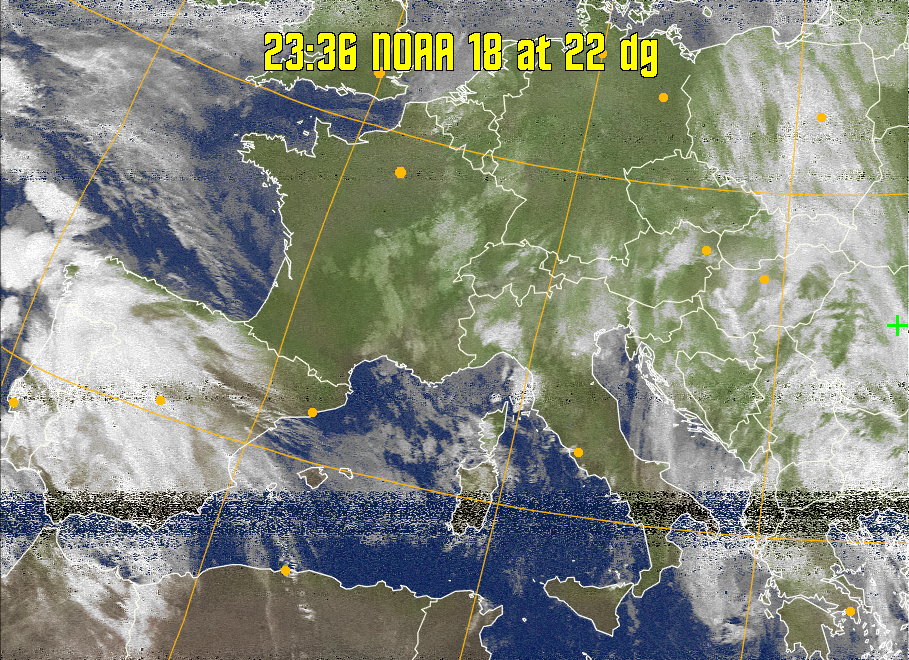 MCIR-precip: 
Colours the NOAA sensor 4 IR image using a map to colour the sea blue and land
green. High clouds appear white, lower clouds gray or land/sea coloured, clouds
generally appear lighter, but distinguishing between land/sea and low cloud may
be difficult. Darker colours indicate warmer regions.