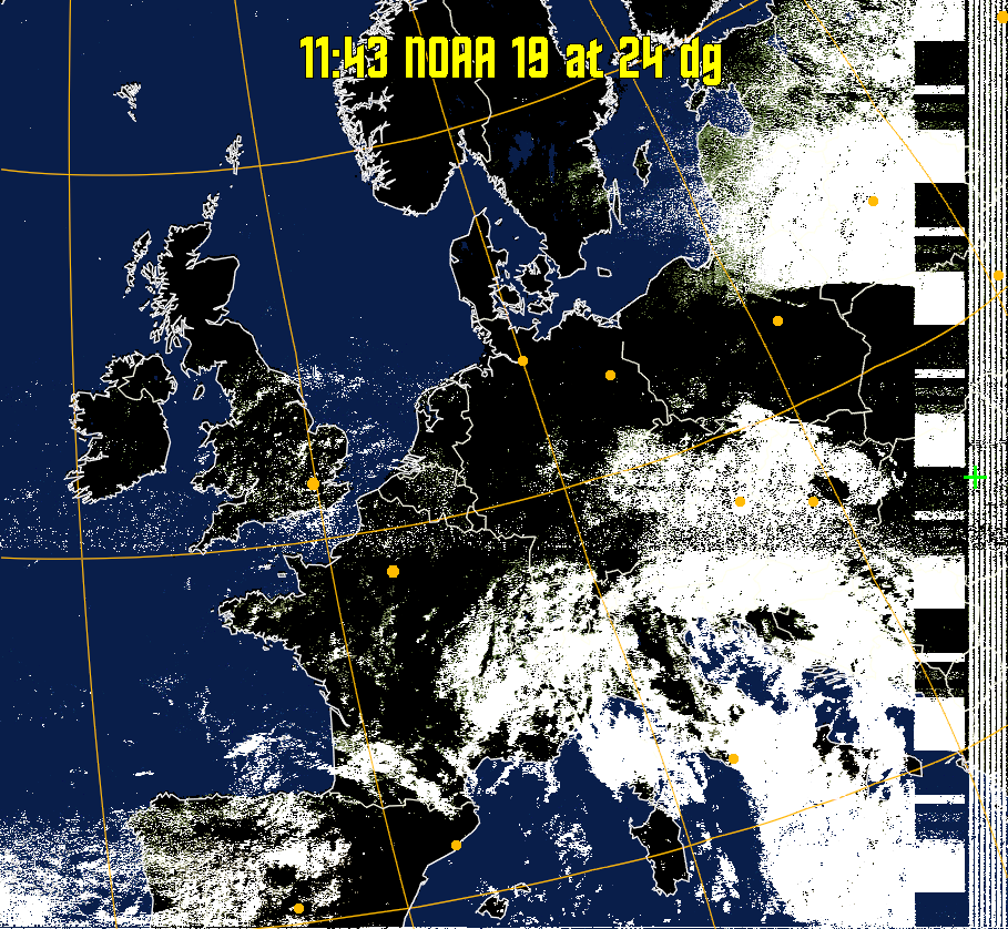 MCIR-precip: 
Colours the NOAA sensor 4 IR image using a map to colour the sea blue and land
green. High clouds appear white, lower clouds gray or land/sea coloured, clouds
generally appear lighter, but distinguishing between land/sea and low cloud may
be difficult. Darker colours indicate warmer regions.