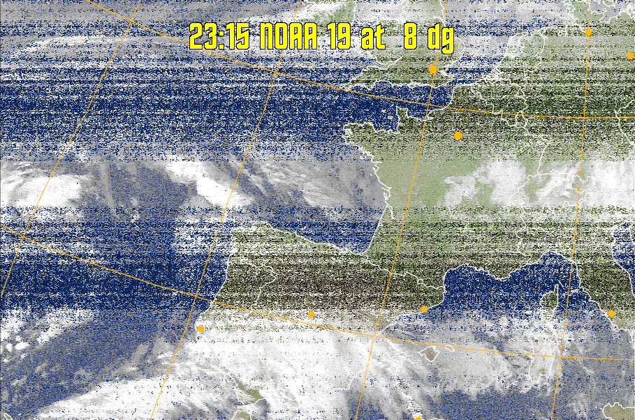 MCIR-precip: 
Colours the NOAA sensor 4 IR image using a map to colour the sea blue and land
green. High clouds appear white, lower clouds gray or land/sea coloured, clouds
generally appear lighter, but distinguishing between land/sea and low cloud may
be difficult. Darker colours indicate warmer regions.