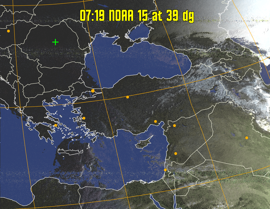 HVCT:
Similar to HVC, but with blue water and with colours more indicative of
land temperatures.
HVC:
Creates a false colour image from NOAA APT images based on temperature using
the HVC colour model. Uses the temperature derived from the sensor 4 image to
select the hue and the brightness from the histogram equalised other image to
select the value and chroma. The HVC colour model attempts to ensure that different colours at the same value will appear to the eye to be the same brightness
and the spacing between colours representing each degree will appear to the eye to
be similar. Bright areas are completely unsaturated in this model.