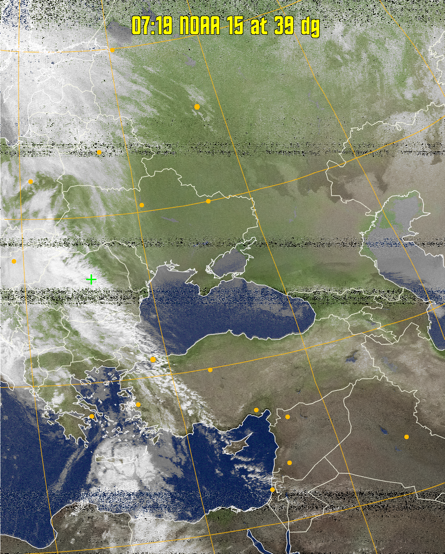 MCIR-precip: 
Colours the NOAA sensor 4 IR image using a map to colour the sea blue and land
green. High clouds appear white, lower clouds gray or land/sea coloured, clouds
generally appear lighter, but distinguishing between land/sea and low cloud may
be difficult. Darker colours indicate warmer regions.