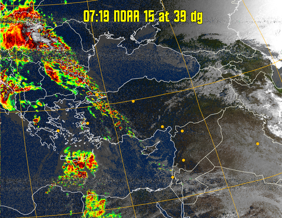 MSA-precip:
Same as MSA multispectral analysis, but high cold cloud tops are coloured the
same as the NO enhancement to give an approximate indication of the probability
and intensity of precipitation.