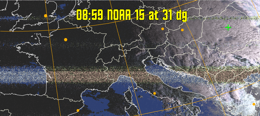 HVCT:
Similar to HVC, but with blue water and with colours more indicative of
land temperatures.
HVC:
Creates a false colour image from NOAA APT images based on temperature using
the HVC colour model. Uses the temperature derived from the sensor 4 image to
select the hue and the brightness from the histogram equalised other image to
select the value and chroma. The HVC colour model attempts to ensure that different colours at the same value will appear to the eye to be the same brightness
and the spacing between colours representing each degree will appear to the eye to
be similar. Bright areas are completely unsaturated in this model.