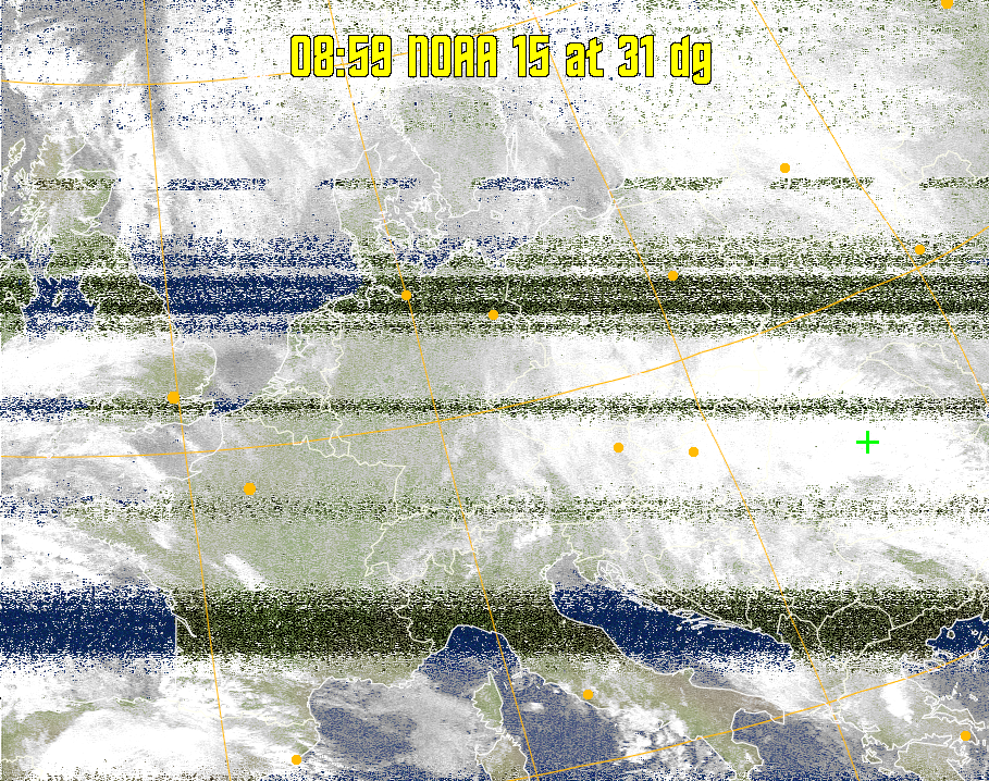 MCIR-precip: 
Colours the NOAA sensor 4 IR image using a map to colour the sea blue and land
green. High clouds appear white, lower clouds gray or land/sea coloured, clouds
generally appear lighter, but distinguishing between land/sea and low cloud may
be difficult. Darker colours indicate warmer regions.