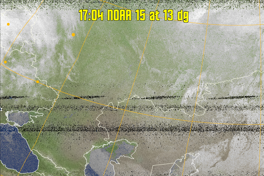 MCIR-precip: 
Colours the NOAA sensor 4 IR image using a map to colour the sea blue and land
green. High clouds appear white, lower clouds gray or land/sea coloured, clouds
generally appear lighter, but distinguishing between land/sea and low cloud may
be difficult. Darker colours indicate warmer regions.