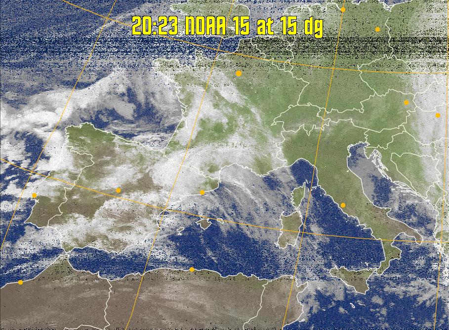 MCIR-precip: 
Colours the NOAA sensor 4 IR image using a map to colour the sea blue and land
green. High clouds appear white, lower clouds gray or land/sea coloured, clouds
generally appear lighter, but distinguishing between land/sea and low cloud may
be difficult. Darker colours indicate warmer regions.