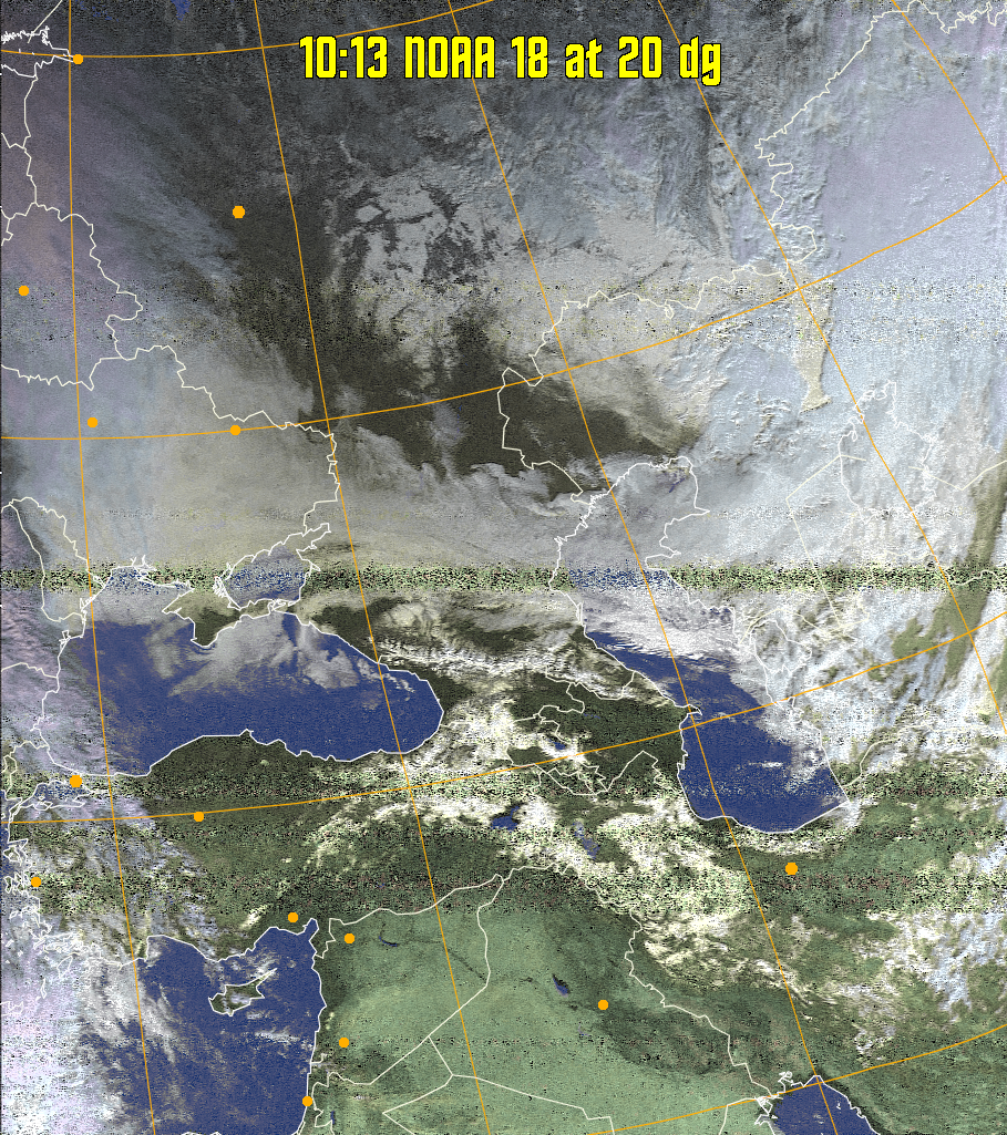 HVCT:
Similar to HVC, but with blue water and with colours more indicative of
land temperatures.
HVC:
Creates a false colour image from NOAA APT images based on temperature using
the HVC colour model. Uses the temperature derived from the sensor 4 image to
select the hue and the brightness from the histogram equalised other image to
select the value and chroma. The HVC colour model attempts to ensure that different colours at the same value will appear to the eye to be the same brightness
and the spacing between colours representing each degree will appear to the eye to
be similar. Bright areas are completely unsaturated in this model.