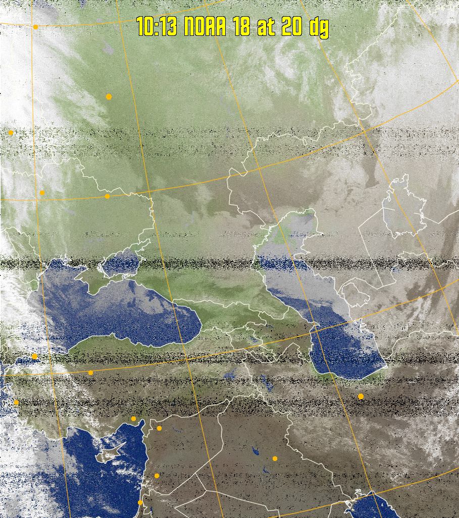 MCIR-precip: 
Colours the NOAA sensor 4 IR image using a map to colour the sea blue and land
green. High clouds appear white, lower clouds gray or land/sea coloured, clouds
generally appear lighter, but distinguishing between land/sea and low cloud may
be difficult. Darker colours indicate warmer regions.