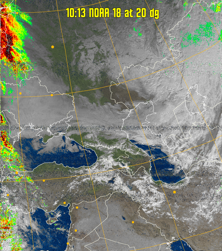 MSA-precip:
Same as MSA multispectral analysis, but high cold cloud tops are coloured the
same as the NO enhancement to give an approximate indication of the probability
and intensity of precipitation.