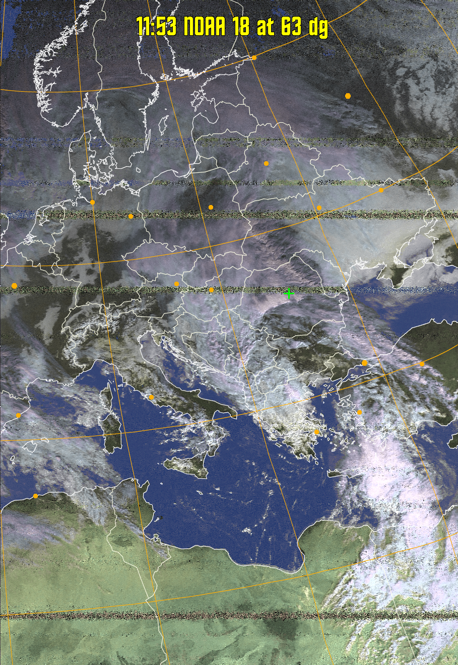 HVCT:
Similar to HVC, but with blue water and with colours more indicative of
land temperatures.
HVC:
Creates a false colour image from NOAA APT images based on temperature using
the HVC colour model. Uses the temperature derived from the sensor 4 image to
select the hue and the brightness from the histogram equalised other image to
select the value and chroma. The HVC colour model attempts to ensure that different colours at the same value will appear to the eye to be the same brightness
and the spacing between colours representing each degree will appear to the eye to
be similar. Bright areas are completely unsaturated in this model.