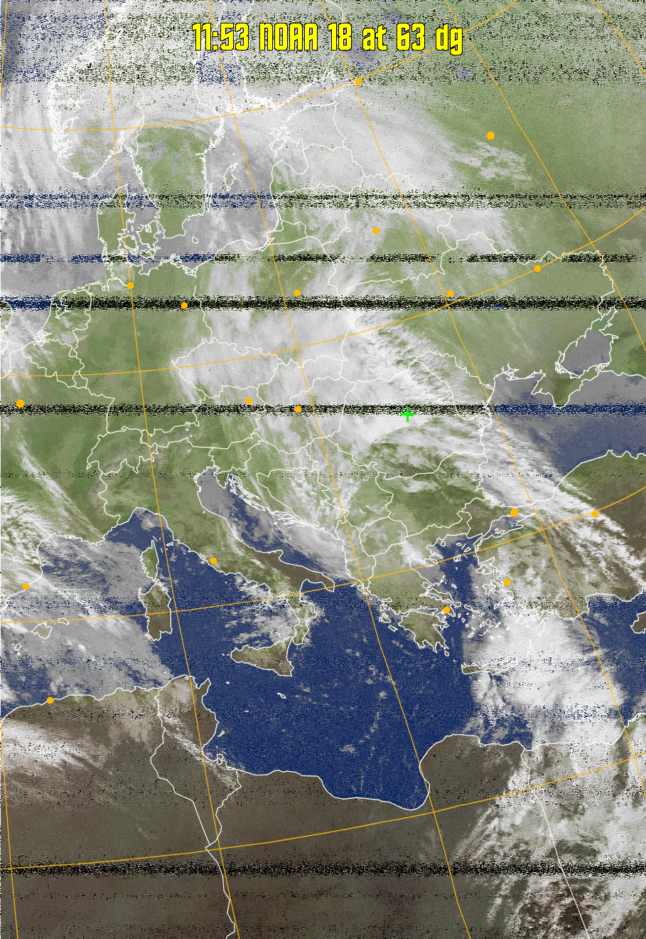 MCIR-precip: 
Colours the NOAA sensor 4 IR image using a map to colour the sea blue and land
green. High clouds appear white, lower clouds gray or land/sea coloured, clouds
generally appear lighter, but distinguishing between land/sea and low cloud may
be difficult. Darker colours indicate warmer regions.