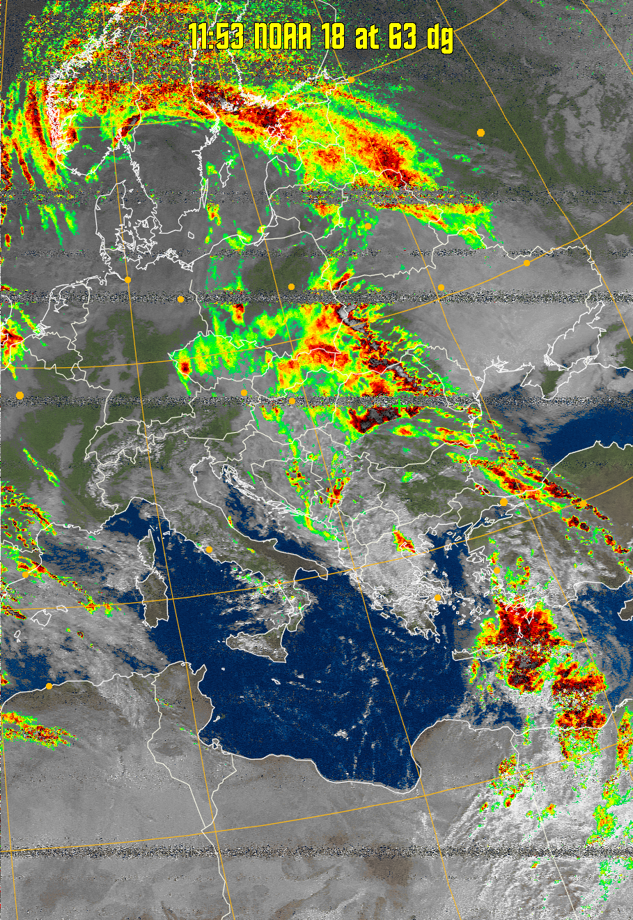 MSA-precip:
Same as MSA multispectral analysis, but high cold cloud tops are coloured the
same as the NO enhancement to give an approximate indication of the probability
and intensity of precipitation.