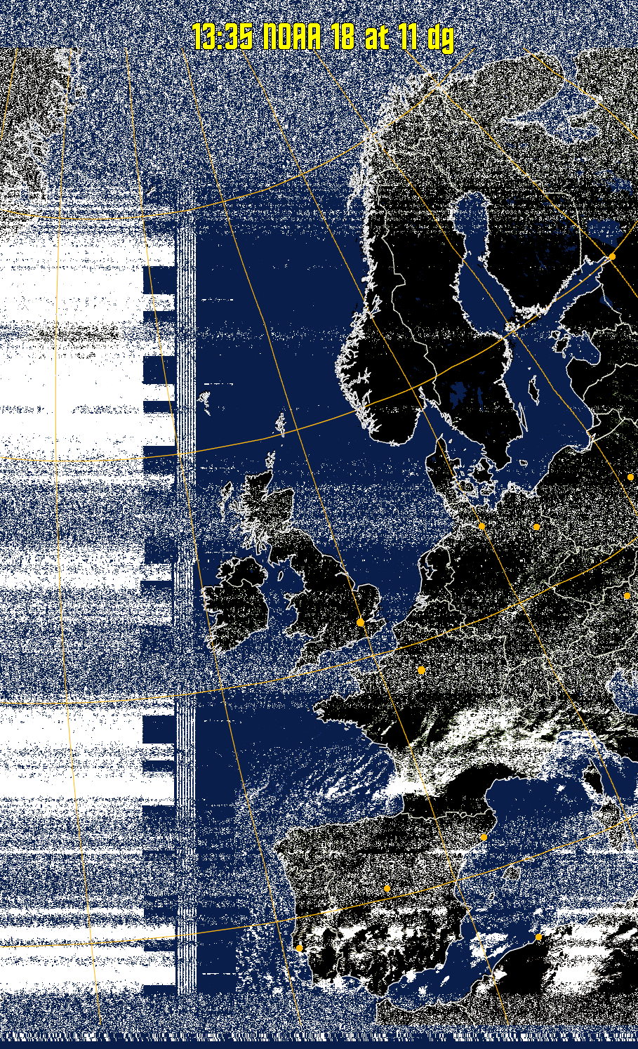 MCIR-precip: 
Colours the NOAA sensor 4 IR image using a map to colour the sea blue and land
green. High clouds appear white, lower clouds gray or land/sea coloured, clouds
generally appear lighter, but distinguishing between land/sea and low cloud may
be difficult. Darker colours indicate warmer regions.