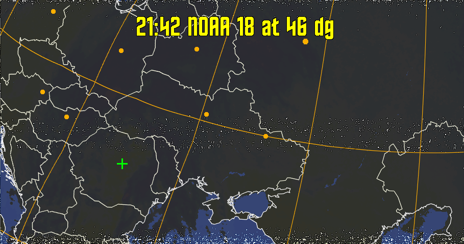 HVCT:
Similar to HVC, but with blue water and with colours more indicative of
land temperatures.
HVC:
Creates a false colour image from NOAA APT images based on temperature using
the HVC colour model. Uses the temperature derived from the sensor 4 image to
select the hue and the brightness from the histogram equalised other image to
select the value and chroma. The HVC colour model attempts to ensure that different colours at the same value will appear to the eye to be the same brightness
and the spacing between colours representing each degree will appear to the eye to
be similar. Bright areas are completely unsaturated in this model.