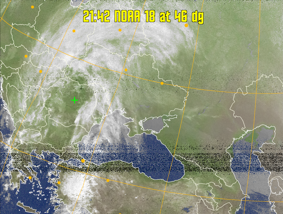 MCIR-precip: 
Colours the NOAA sensor 4 IR image using a map to colour the sea blue and land
green. High clouds appear white, lower clouds gray or land/sea coloured, clouds
generally appear lighter, but distinguishing between land/sea and low cloud may
be difficult. Darker colours indicate warmer regions.