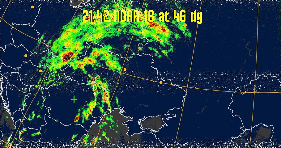 MSA-precip:
Same as MSA multispectral analysis, but high cold cloud tops are coloured the
same as the NO enhancement to give an approximate indication of the probability
and intensity of precipitation.