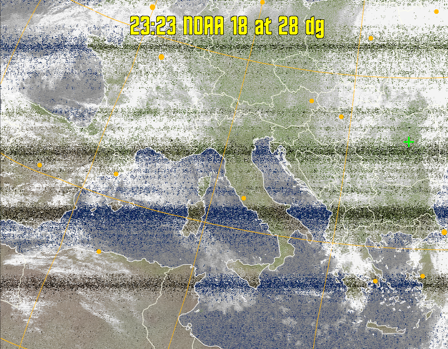 MCIR-precip: 
Colours the NOAA sensor 4 IR image using a map to colour the sea blue and land
green. High clouds appear white, lower clouds gray or land/sea coloured, clouds
generally appear lighter, but distinguishing between land/sea and low cloud may
be difficult. Darker colours indicate warmer regions.