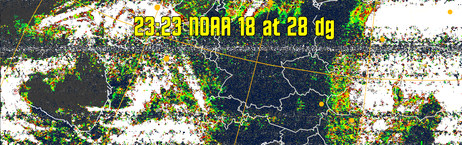 MSA-precip:
Same as MSA multispectral analysis, but high cold cloud tops are coloured the
same as the NO enhancement to give an approximate indication of the probability
and intensity of precipitation.