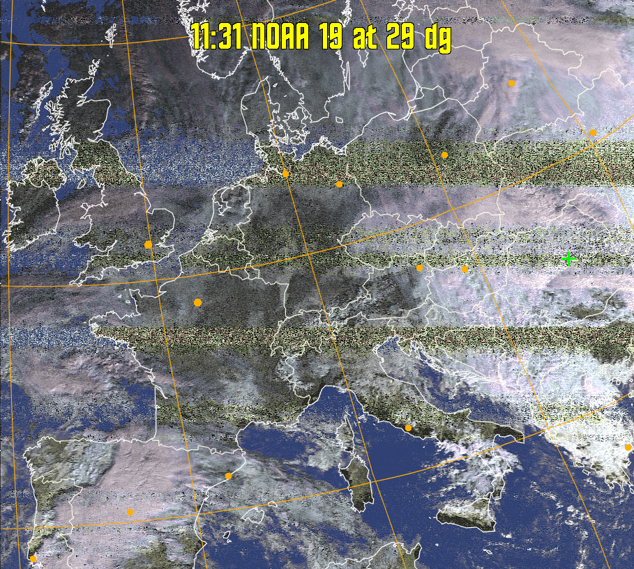 HVCT:
Similar to HVC, but with blue water and with colours more indicative of
land temperatures.
HVC:
Creates a false colour image from NOAA APT images based on temperature using
the HVC colour model. Uses the temperature derived from the sensor 4 image to
select the hue and the brightness from the histogram equalised other image to
select the value and chroma. The HVC colour model attempts to ensure that different colours at the same value will appear to the eye to be the same brightness
and the spacing between colours representing each degree will appear to the eye to
be similar. Bright areas are completely unsaturated in this model.