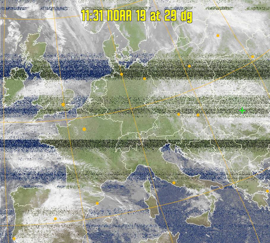 MCIR-precip: 
Colours the NOAA sensor 4 IR image using a map to colour the sea blue and land
green. High clouds appear white, lower clouds gray or land/sea coloured, clouds
generally appear lighter, but distinguishing between land/sea and low cloud may
be difficult. Darker colours indicate warmer regions.