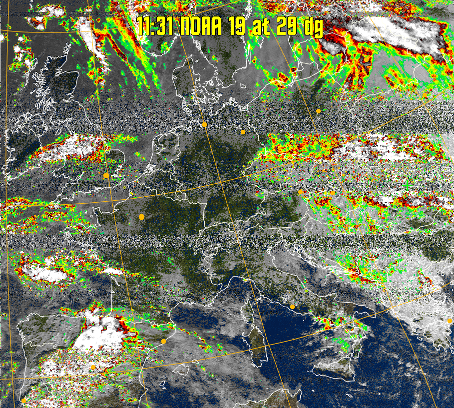 MSA-precip:
Same as MSA multispectral analysis, but high cold cloud tops are coloured the
same as the NO enhancement to give an approximate indication of the probability
and intensity of precipitation.