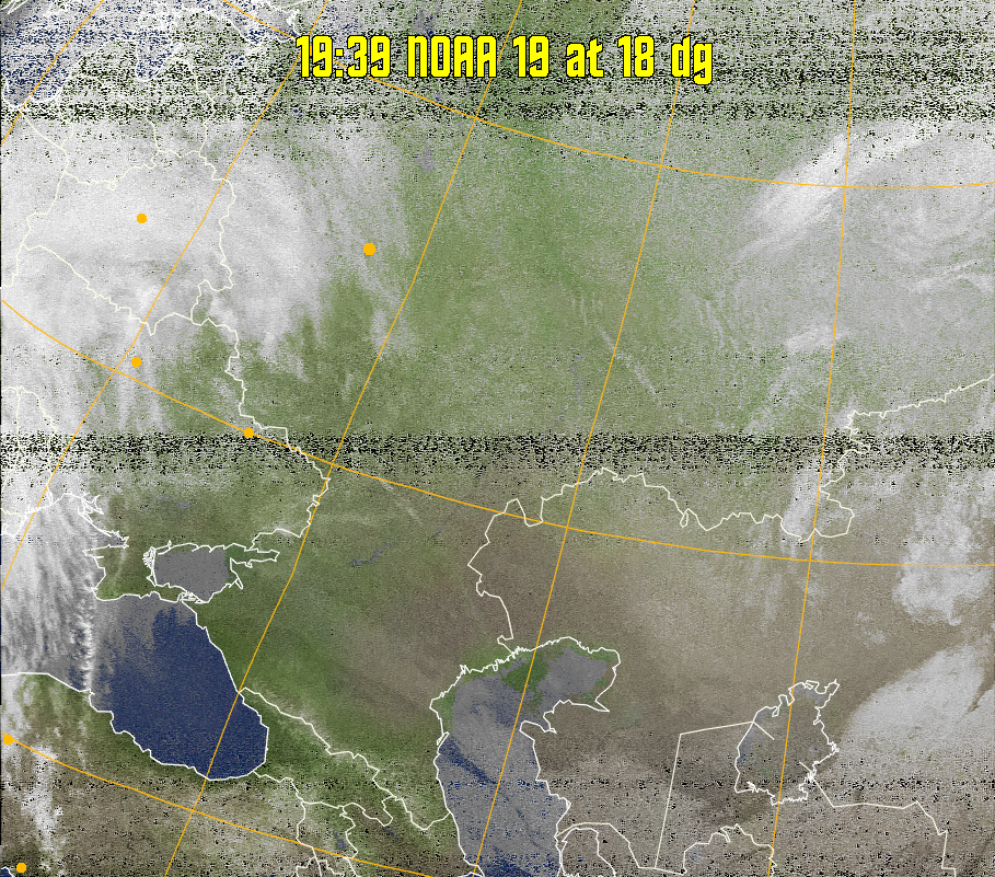 MCIR-precip: 
Colours the NOAA sensor 4 IR image using a map to colour the sea blue and land
green. High clouds appear white, lower clouds gray or land/sea coloured, clouds
generally appear lighter, but distinguishing between land/sea and low cloud may
be difficult. Darker colours indicate warmer regions.