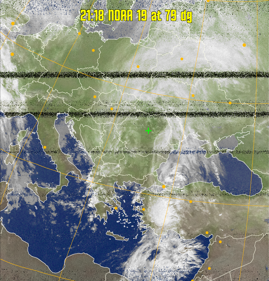 MCIR-precip: 
Colours the NOAA sensor 4 IR image using a map to colour the sea blue and land
green. High clouds appear white, lower clouds gray or land/sea coloured, clouds
generally appear lighter, but distinguishing between land/sea and low cloud may
be difficult. Darker colours indicate warmer regions.