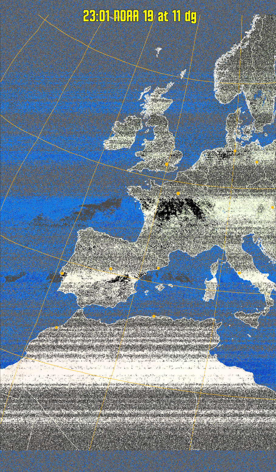 MCIR-precip: 
Colours the NOAA sensor 4 IR image using a map to colour the sea blue and land
green. High clouds appear white, lower clouds gray or land/sea coloured, clouds
generally appear lighter, but distinguishing between land/sea and low cloud may
be difficult. Darker colours indicate warmer regions.