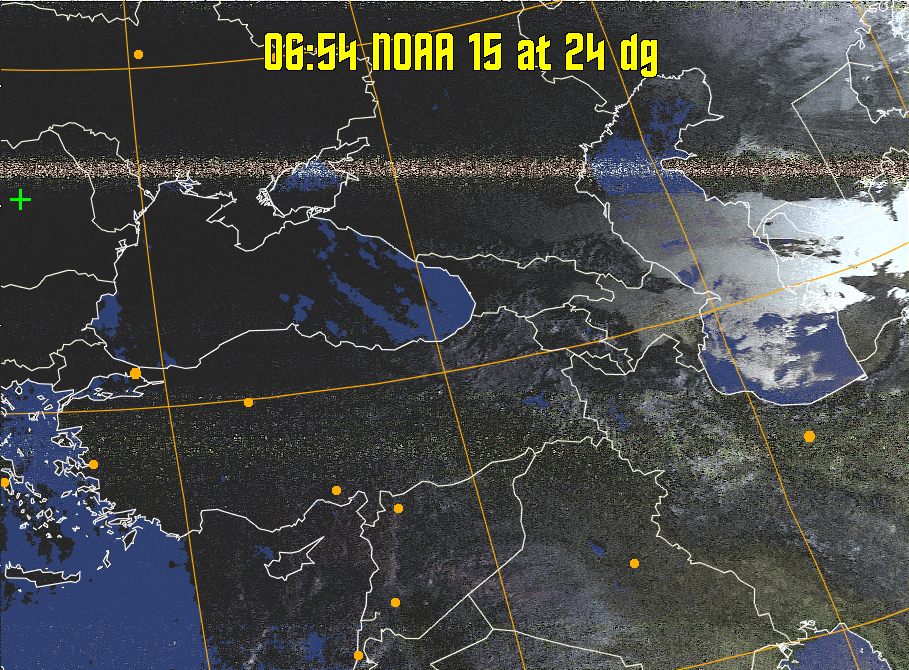 HVCT:
Similar to HVC, but with blue water and with colours more indicative of
land temperatures.
HVC:
Creates a false colour image from NOAA APT images based on temperature using
the HVC colour model. Uses the temperature derived from the sensor 4 image to
select the hue and the brightness from the histogram equalised other image to
select the value and chroma. The HVC colour model attempts to ensure that different colours at the same value will appear to the eye to be the same brightness
and the spacing between colours representing each degree will appear to the eye to
be similar. Bright areas are completely unsaturated in this model.