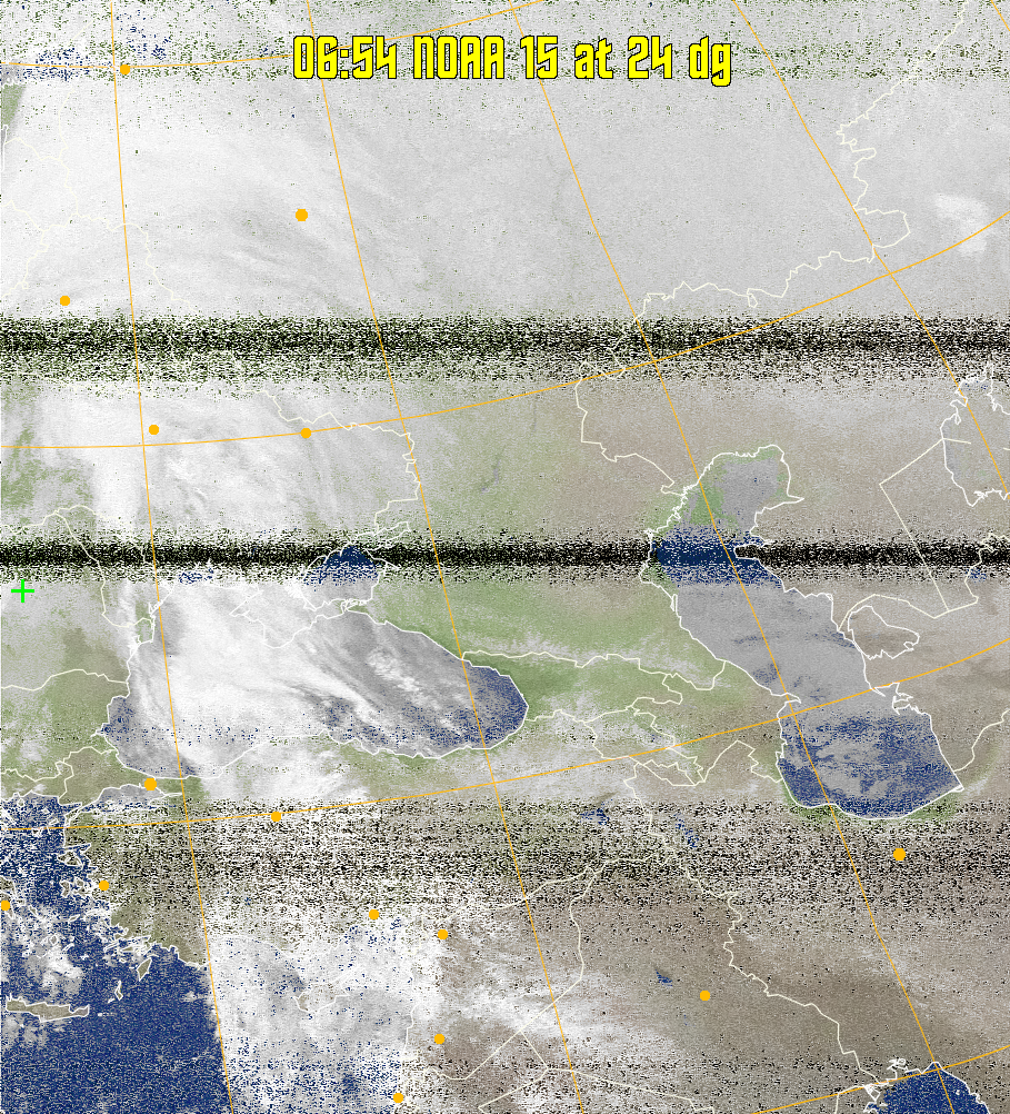 MCIR-precip: 
Colours the NOAA sensor 4 IR image using a map to colour the sea blue and land
green. High clouds appear white, lower clouds gray or land/sea coloured, clouds
generally appear lighter, but distinguishing between land/sea and low cloud may
be difficult. Darker colours indicate warmer regions.