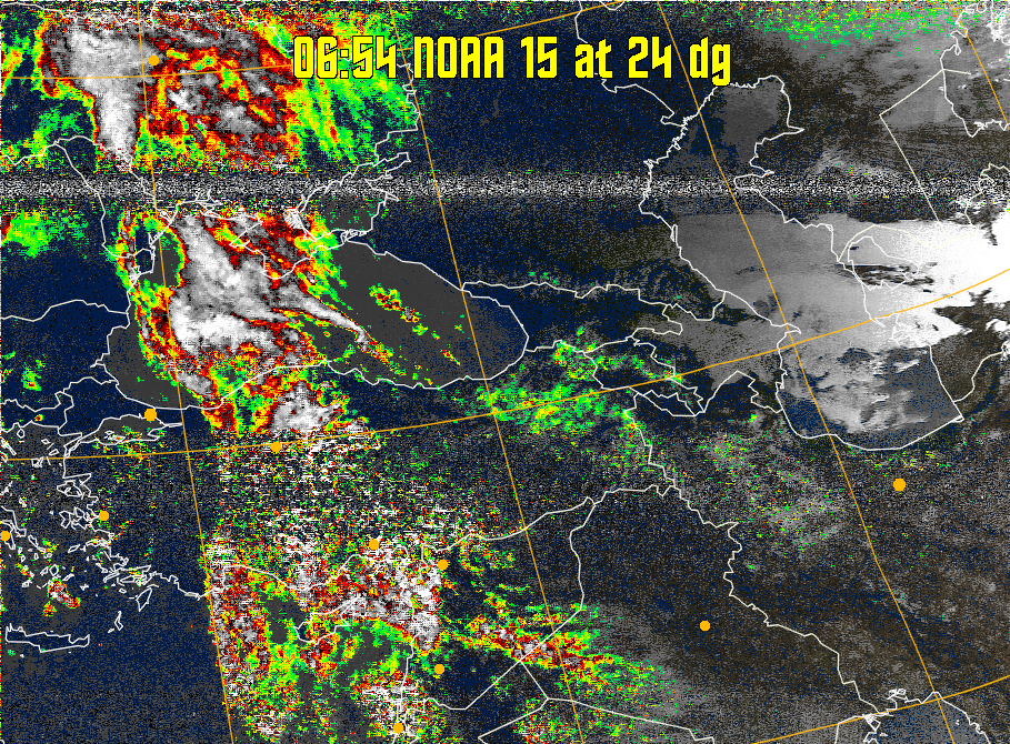 MSA-precip:
Same as MSA multispectral analysis, but high cold cloud tops are coloured the
same as the NO enhancement to give an approximate indication of the probability
and intensity of precipitation.