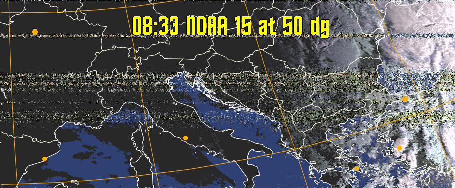 HVCT:
Similar to HVC, but with blue water and with colours more indicative of
land temperatures.
HVC:
Creates a false colour image from NOAA APT images based on temperature using
the HVC colour model. Uses the temperature derived from the sensor 4 image to
select the hue and the brightness from the histogram equalised other image to
select the value and chroma. The HVC colour model attempts to ensure that different colours at the same value will appear to the eye to be the same brightness
and the spacing between colours representing each degree will appear to the eye to
be similar. Bright areas are completely unsaturated in this model.