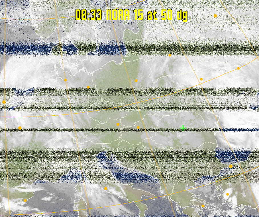 MCIR-precip: 
Colours the NOAA sensor 4 IR image using a map to colour the sea blue and land
green. High clouds appear white, lower clouds gray or land/sea coloured, clouds
generally appear lighter, but distinguishing between land/sea and low cloud may
be difficult. Darker colours indicate warmer regions.