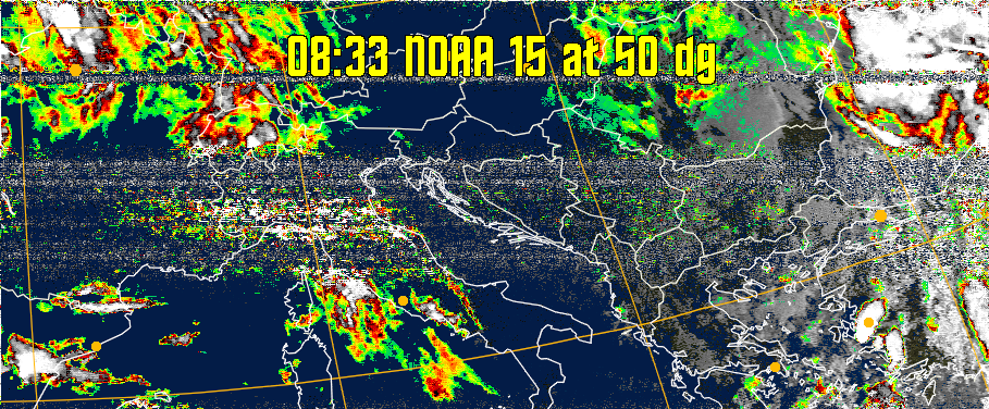 MSA-precip:
Same as MSA multispectral analysis, but high cold cloud tops are coloured the
same as the NO enhancement to give an approximate indication of the probability
and intensity of precipitation.