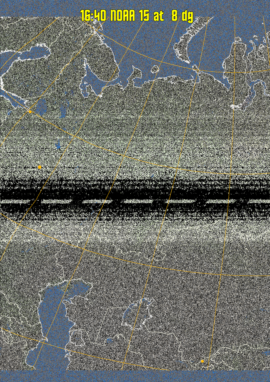 MCIR-precip: 
Colours the NOAA sensor 4 IR image using a map to colour the sea blue and land
green. High clouds appear white, lower clouds gray or land/sea coloured, clouds
generally appear lighter, but distinguishing between land/sea and low cloud may
be difficult. Darker colours indicate warmer regions.